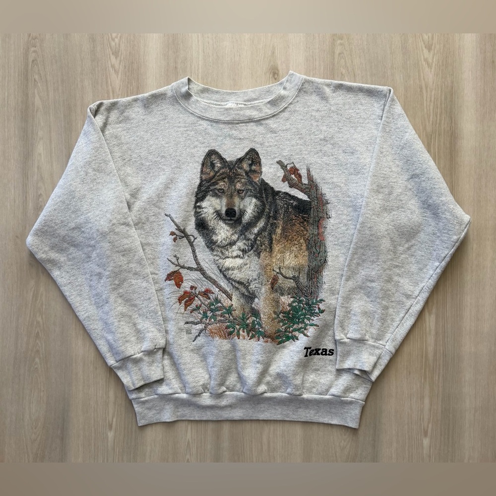 Vintage 90s Texas Gray Wolf Graphic Sweater Sz XL Nature Outdoors